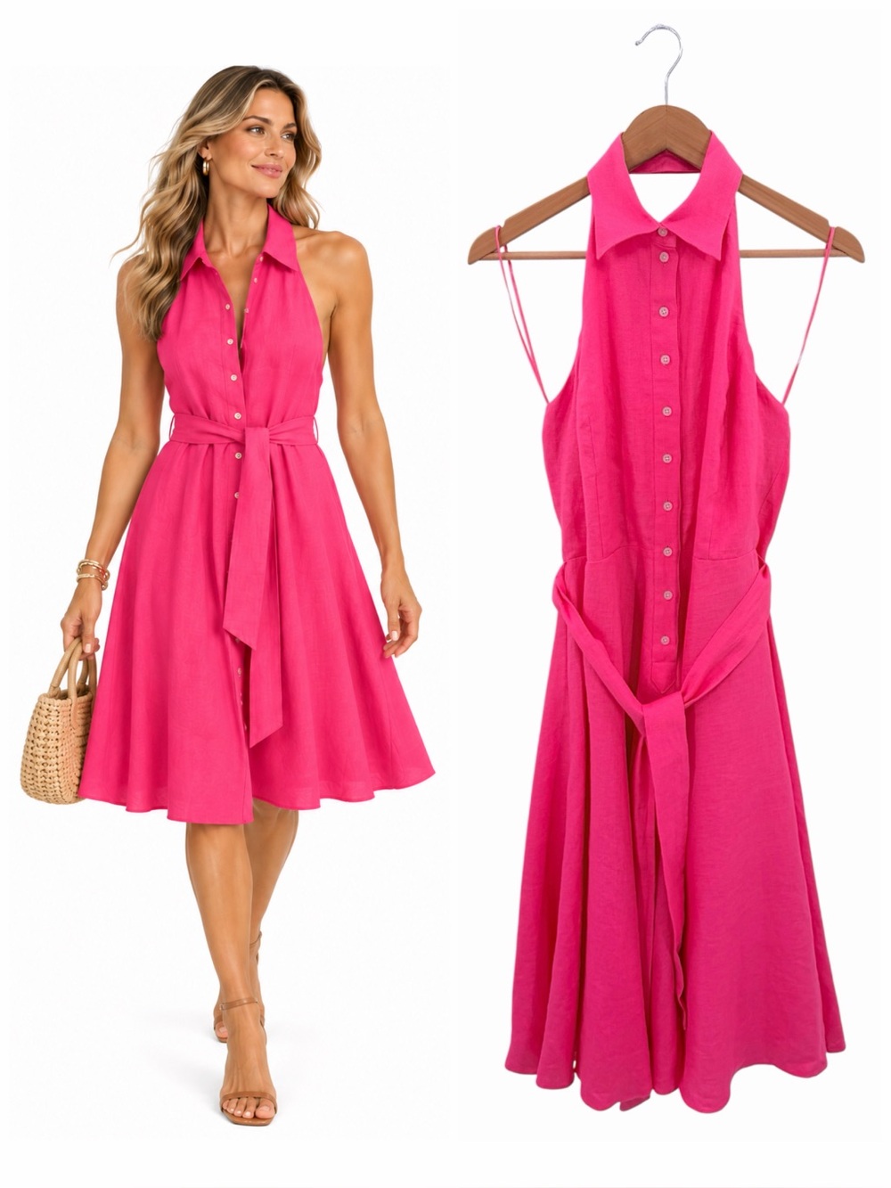 Vintage Ralph Lauren Pink Linen Halter Dress Belted Fit Flare Preppy Sz 4